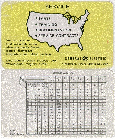 General Electric Service USASCII Code chart